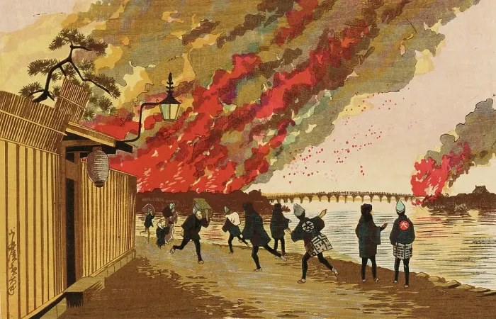 Framed Print : The Ryogoku Fire Sketched from Hamacho on the 26th of January, 1881, (1881). Creator: Kobayashi Kiyochika Framed Print : The Ryogoku Fire Sketched from Hamacho on the 26th of January, 1881, (1881). Creator: Kobayashi Kiyochika