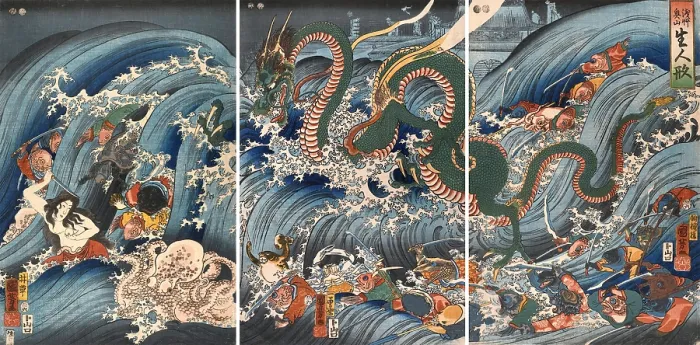 Framed Print : Ryugu Tamatori Hime no su (Recovering the Stolen Jewel from the Palace of the Dragon King), 1853. Creator: Kuniyoshi, Utagawa (1797-1861) Framed Print : Ryugu Tamatori Hime no su (Recovering the Stolen Jewel from the Palace of the Dragon King), 1853. Creator: Kuniyoshi, Utagawa (1797-1861)