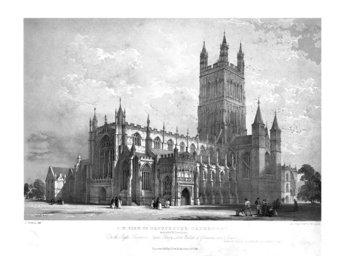 Framed Print : S. W. View of Gloucester Cathedral, c1842. Creator: George Hawkins Framed Print : S. W. View of Gloucester Cathedral, c1842. Creator: George Hawkins