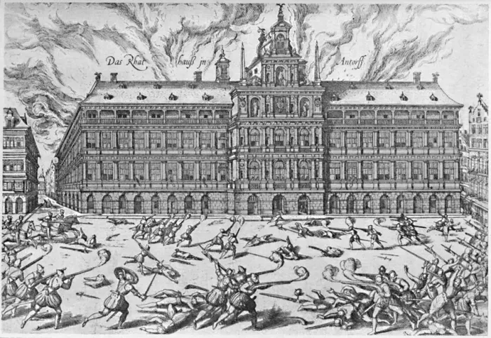 Framed Print : The Sack of Antwerp, 1576, (1903). Artist: Frans Hogenberg Framed Print : The Sack of Antwerp, 1576, (1903). Artist: Frans Hogenberg