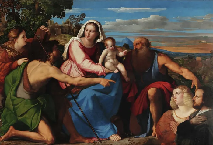 Framed Print : Sacra Conversazione with Donors, c1525. Creator: Palma il Vecchio, Jacopo, the Elder (1480-1528) Framed Print : Sacra Conversazione with Donors, c1525. Creator: Palma il Vecchio, Jacopo, the Elder (1480-1528)