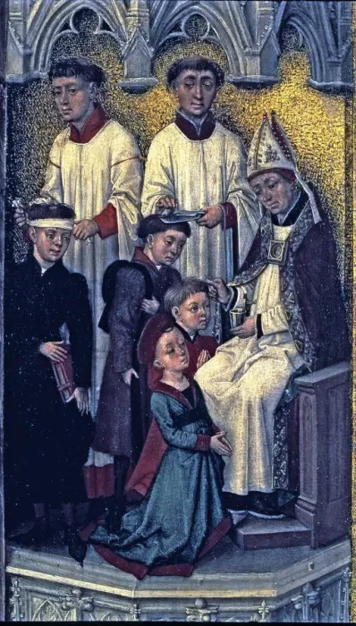 Framed Print : The sacrament of the confirmation, detail of the Crucifixion triptych, work by van der Stock Framed Print : The sacrament of the confirmation, detail of the Crucifixion triptych, work by van der Stock