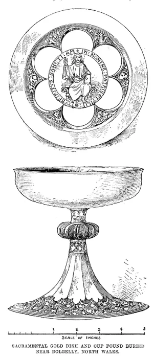 Framed Print : Sacramental gold dish and cup found buried near Dolgelly, North Wales, 1890. Creator: Unknown Framed Print : Sacramental gold dish and cup found buried near Dolgelly, North Wales, 1890. Creator: Unknown