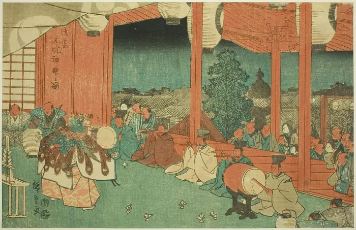 Framed Print : The Sacred Dance at the Shinmei Shrine in Shiba at Dawn (Shiba Shinmei, Omiya gengyo... c. 1847 / 52. Creator: Ando Hiroshige) Framed Print : The Sacred Dance at the Shinmei Shrine in Shiba at Dawn (Shiba Shinmei, Omiya gengyo... c. 1847 / 52. Creator: Ando Hiroshige)