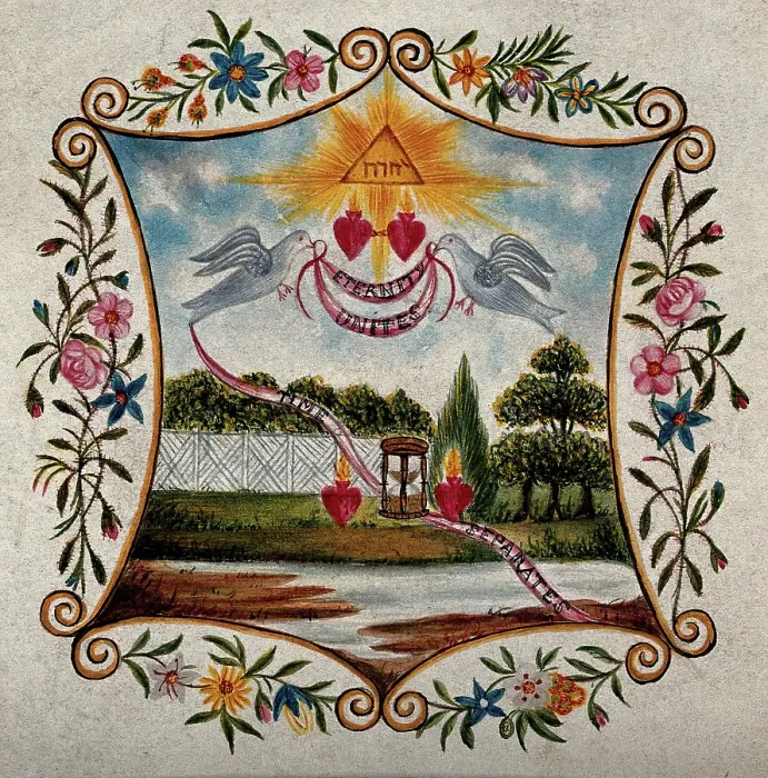 Framed Print : Two Sacred Hearts in a landscape, united by two doves, separated by an hour glass. Creator: Unknown Framed Print : Two Sacred Hearts in a landscape, united by two doves, separated by an hour glass. Creator: Unknown