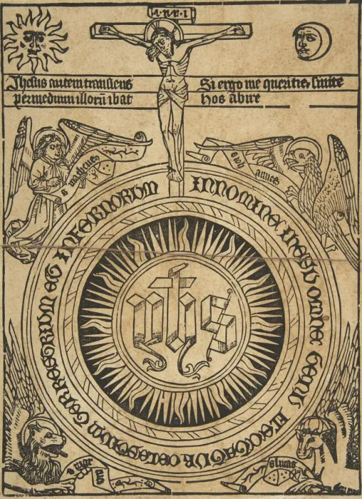 Framed Print : The Sacred Monogram with the Symbols of the Evangelists and the Crucifixion (Schr... 15th century. Creator: Anon)