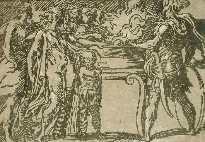 Framed Print : The Sacrifice, c1530s / 1540s. Creators: Antonio da Trento, Parmigianino, Niccolo Vicentino, Andrea Andreani Framed Print : The Sacrifice, c1530s / 1540s. Creators: Antonio da Trento, Parmigianino, Niccolo Vicentino, Andrea Andreani