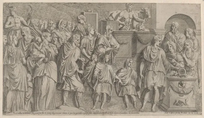 Framed Print : A Sacrifice, copied from a relief on Trajans Column, 1565. Creator: Leon Davent Framed Print : A Sacrifice, copied from a relief on Trajans Column, 1565. Creator: Leon Davent