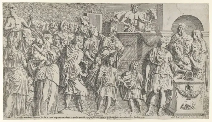 Framed Print : A sacrifice, copied from Trajans column, ca. 1540-45. Creator: Leon Davent Framed Print : A sacrifice, copied from Trajans column, ca. 1540-45. Creator: Leon Davent