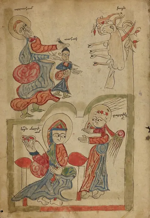 Framed Print : The Sacrifice of Isaac and The Annunciation; Gospel Book, 1386. Creator: Unknown Framed Print : The Sacrifice of Isaac and The Annunciation; Gospel Book, 1386. Creator: Unknown