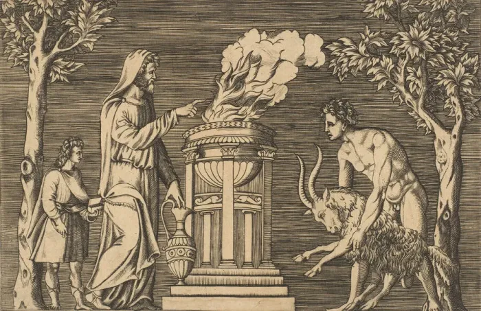 Framed Print : The sacrifice of a ram held by a naked man at right, hooded priest at left with a... ca Framed Print : The sacrifice of a ram held by a naked man at right, hooded priest at left with a... ca