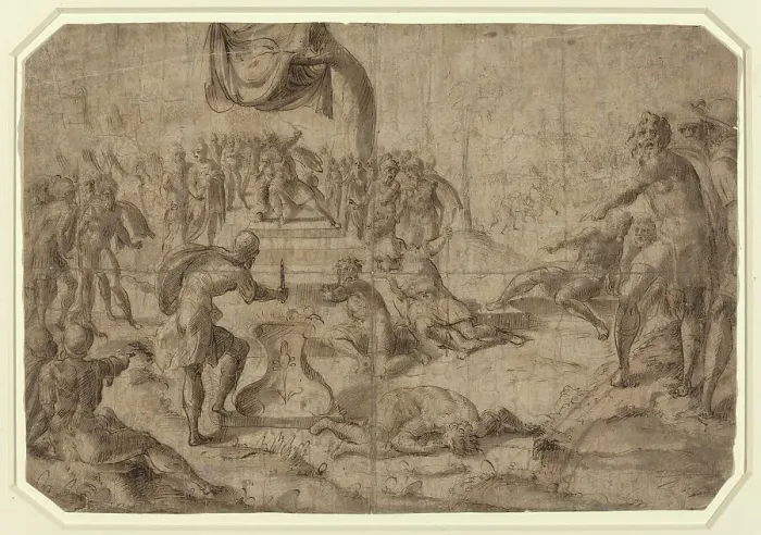 Framed Print : Sacrifice Scene (Gaius Mucius Scaevola?), late 16th century. Creator: Unknown Framed Print : Sacrifice Scene (Gaius Mucius Scaevola?), late 16th century. Creator: Unknown