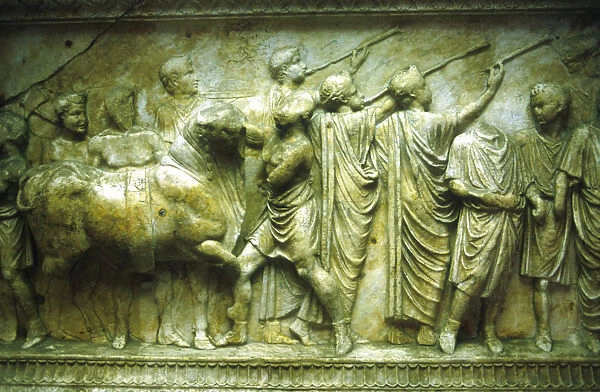 Sacrificial procession of a bull preceded by trumpeters, 30-40