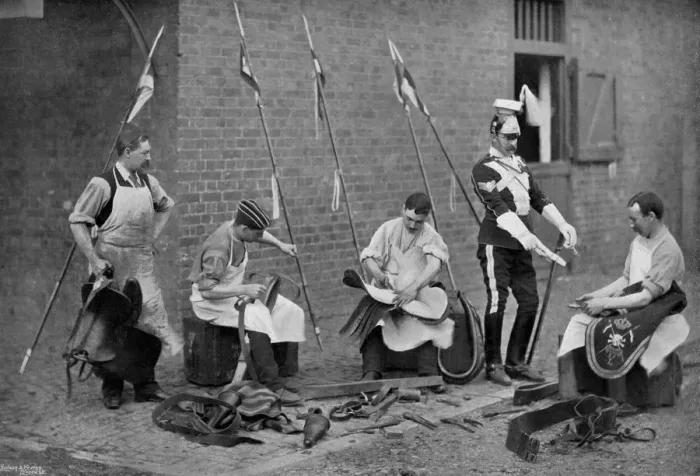 Framed Print : Saddlers of the 17th Lancers at work, 1896. Artist: Gregory & Co Framed Print : Saddlers of the 17th Lancers at work, 1896. Artist: Gregory & Co