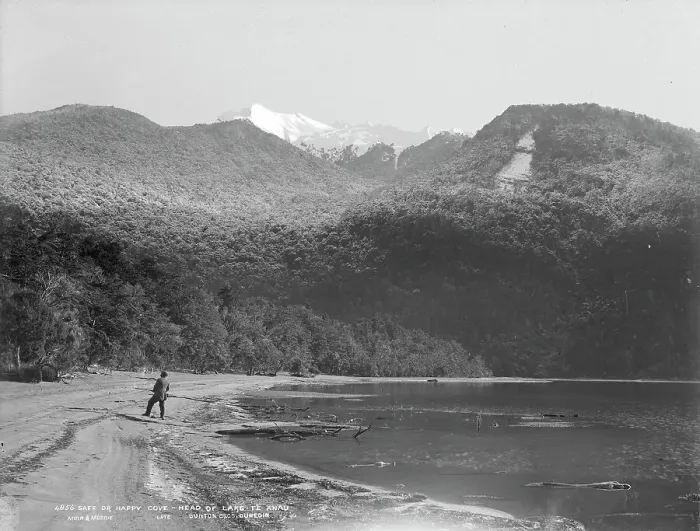 Framed Print : Safe or Happy Cove, head of Lake Te Anau, 1889. Creator: Burton Brothers Framed Print : Safe or Happy Cove, head of Lake Te Anau, 1889. Creator: Burton Brothers
