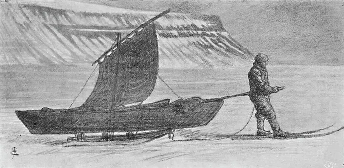Framed Print : A Sail with Sledges. South of Cape Richthofen. 6 June, 1896, (1897). Artist: August Eiebakke Framed Print : A Sail with Sledges. South of Cape Richthofen. 6 June, 1896, (1897). Artist: August Eiebakke