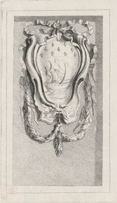 Framed Print : Sailboat within a cartouche, after a bas-relief on the Fontai... possibly mid to late 18th century. Creator: Anon Framed Print : Sailboat within a cartouche, after a bas-relief on the Fontai... possibly mid to late 18th century. Creator: Anon