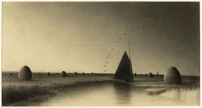 Framed Print : Sailboat and Haystacks on Newbury Marsh, n.d. Creator: Unknown Framed Print : Sailboat and Haystacks on Newbury Marsh, n.d. Creator: Unknown