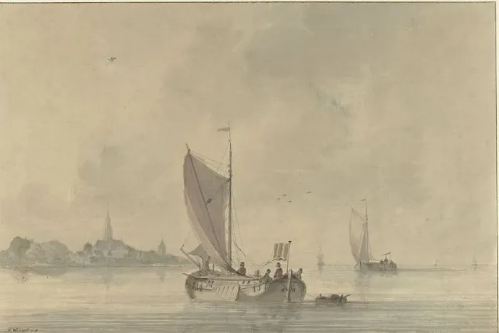 Framed Print : Sailing barges on the water in front of a Dutch town, 1758-1815. Creator: Nicolaas Wicart Framed Print : Sailing barges on the water in front of a Dutch town, 1758-1815. Creator: Nicolaas Wicart