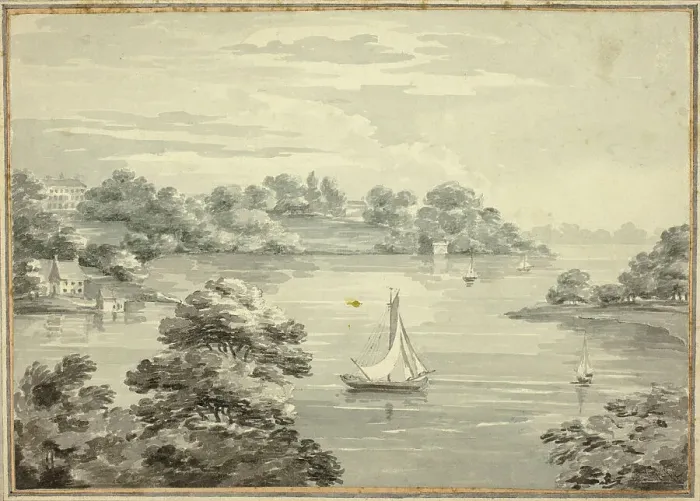 Framed Print : Sailing Boats on Lake with Houses near Shore, n.d. Creators: Thomas Hearne, Thomas Sunderland, James Barne Framed Print : Sailing Boats on Lake with Houses near Shore, n.d. Creators: Thomas Hearne, Thomas Sunderland, James Barne
