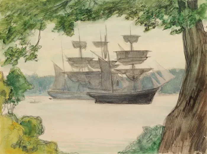 Framed Print : Sailing Boats in Landscape, c1890s. Creator: Albert Edelfelt Framed Print : Sailing Boats in Landscape, c1890s. Creator: Albert Edelfelt