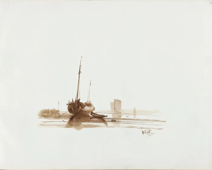 Framed Print : Sailing ship at anchor off the coast, 1830-1860. Creator: Albertus van Beest Framed Print : Sailing ship at anchor off the coast, 1830-1860. Creator: Albertus van Beest
