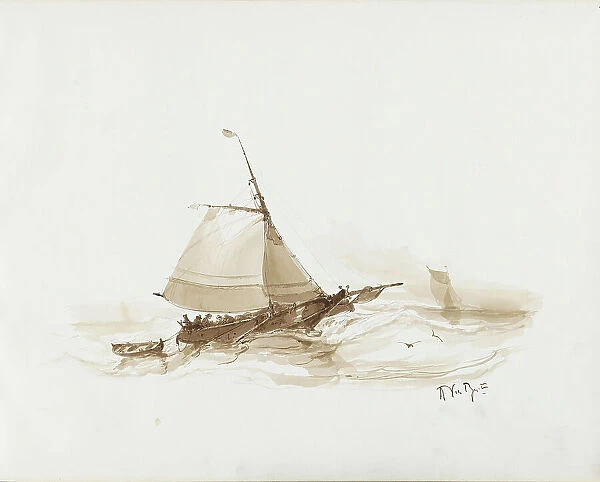Sailing ship with figures on the water, 1830-1860. Creator: Albertus van Beest