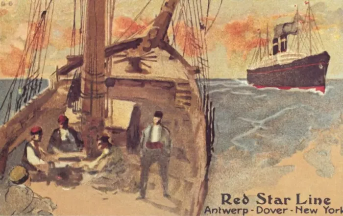 Framed Print : Sailing ship and Red Star ocean liner, c1900. Creator: Unknown