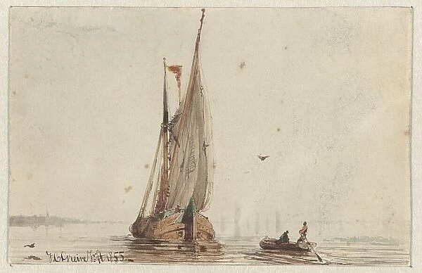 Sailing ship and rowing boat on the water, 1855. Creator: Johan Conrad Greive
