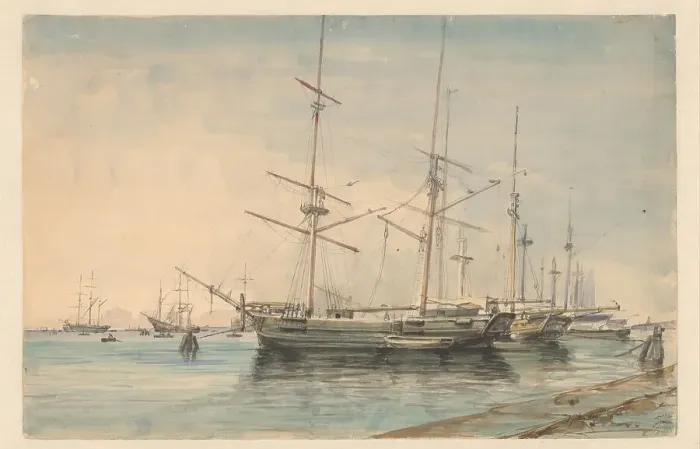 Framed Print : Sailing ships in a harbour, 1829-1879. Creator: Ary Pleijsier Framed Print : Sailing ships in a harbour, 1829-1879. Creator: Ary Pleijsier