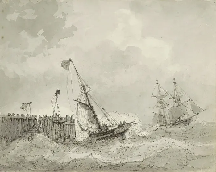 Framed Print : Two sailing ships at a landing place, c.1825-c.1875. Creator: Circle of Petrus Johannes Schotel Framed Print : Two sailing ships at a landing place, c.1825-c.1875. Creator: Circle of Petrus Johannes Schotel