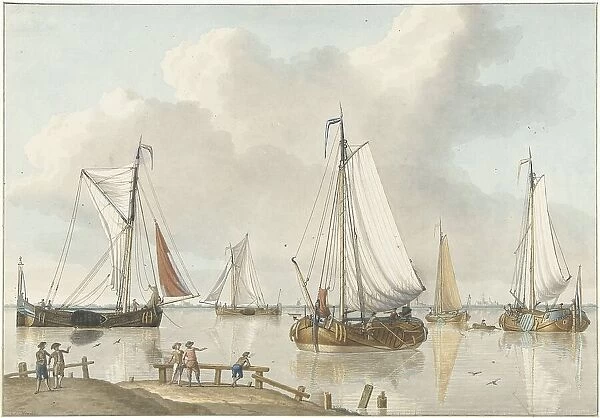 Sailing ships, on the side are five men, 1748-1805. Creator: Jan Arends