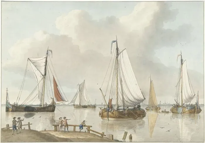 Framed Print : Sailing ships, on the side are five men, 1748-1805. Creator: Jan Arends Framed Print : Sailing ships, on the side are five men, 1748-1805. Creator: Jan Arends