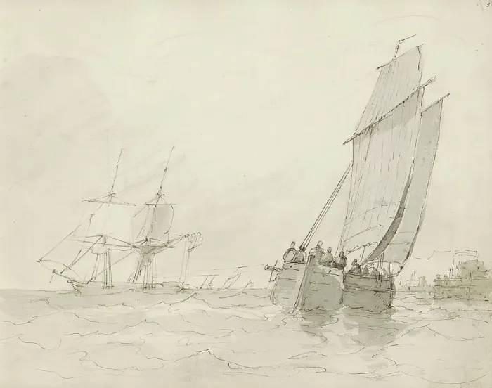 Framed Print : Sailing ships near a port, c.1825-c.1875. Creator: Circle of Petrus Johannes Schotel Framed Print : Sailing ships near a port, c.1825-c.1875. Creator: Circle of Petrus Johannes Schotel