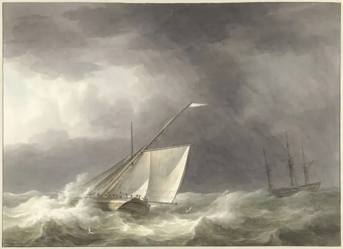 Framed Print : Two sailing ships on turbulent sea, 1803. Creator: Martinus Schouman Framed Print : Two sailing ships on turbulent sea, 1803. Creator: Martinus Schouman
