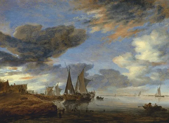 Framed Print : Sailing Vessels moored near a Village, 1660. Creator: Salomon Ruysdael Framed Print : Sailing Vessels moored near a Village, 1660. Creator: Salomon Ruysdael