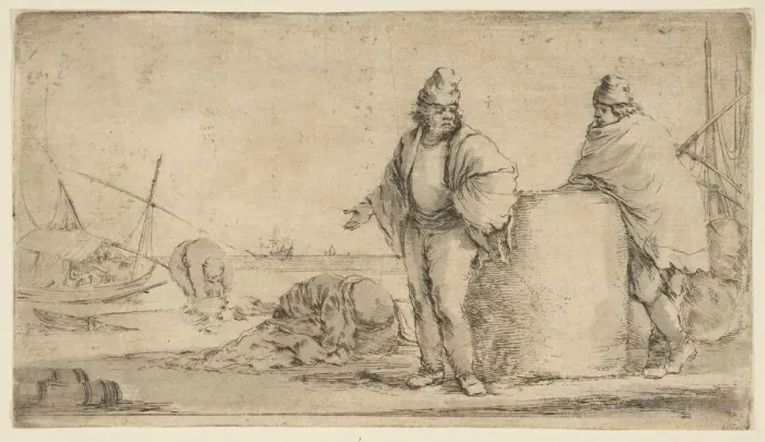 Framed Print : Two sailors with a bale of merchandise, ca. 1662. Creator: Stefano della Bella