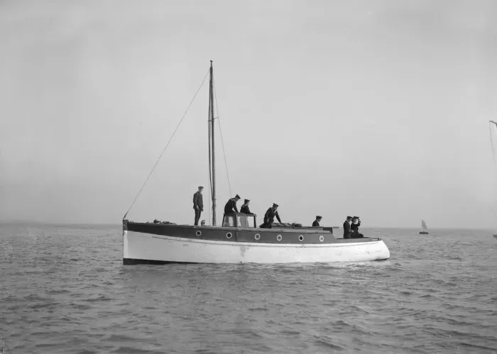 Framed Print : Sailors on board cabin cruiser, 1914. Creator: Kirk & Sons of Cowes Framed Print : Sailors on board cabin cruiser, 1914. Creator: Kirk & Sons of Cowes