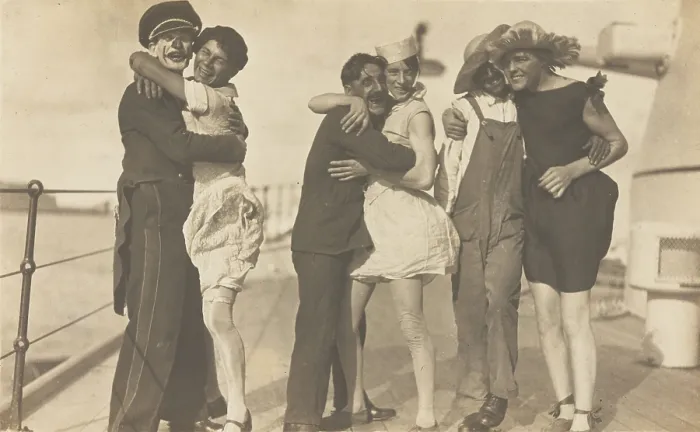 Framed Print : Sailors, some in drag, pose as three couples on the deck of a ship, (between 1920 and 1929?). Creator: Unknown Framed Print : Sailors, some in drag, pose as three couples on the deck of a ship, (between 1920 and 1929?). Creator: Unknown