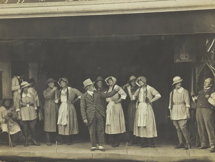 Framed Print : Sailors, some in drag, stand on stage performing a scene, (between 1910 and 1919?). Creator: Unknown Framed Print : Sailors, some in drag, stand on stage performing a scene, (between 1910 and 1919?). Creator: Unknown