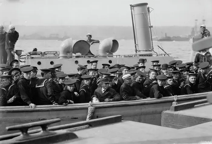 Framed Print : Sailors going to USS Arkansas, between c1910 and c1915. Creator: Bain News Service Framed Print : Sailors going to USS Arkansas, between c1910 and c1915. Creator: Bain News Service