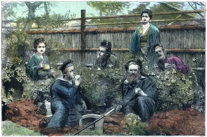 Framed Print : Sailors of HMS Challenger having tea at a tea house near Yokohama, Japan, 1888 Framed Print : Sailors of HMS Challenger having tea at a tea house near Yokohama, Japan, 1888