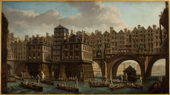 Framed Print : Sailors joust, between Notre-Dame bridge and the Pont au Change, 1751. Creator: Nicolas Raguenet Framed Print : Sailors joust, between Notre-Dame bridge and the Pont au Change, 1751. Creator: Nicolas Raguenet