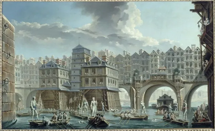 Framed Print : Sailors joust, between Notre-Dame bridge and the Pont au Change, 1756. Creator: Nicolas Raguenet Framed Print : Sailors joust, between Notre-Dame bridge and the Pont au Change, 1756. Creator: Nicolas Raguenet