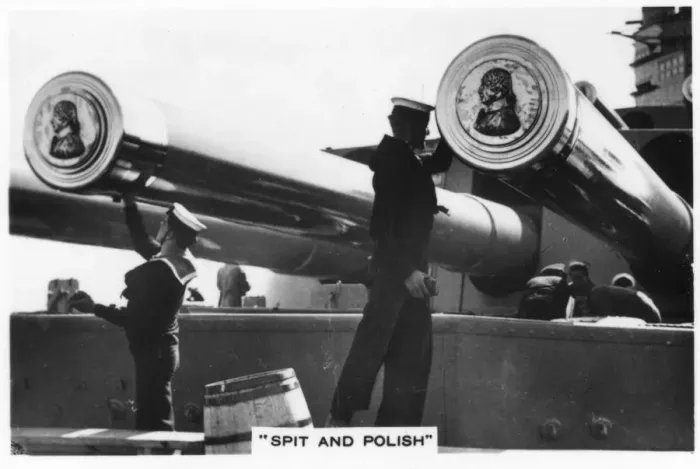 Framed Print : Sailors polishing the 16 inch guns of HMS Nelson, 1937 Framed Print : Sailors polishing the 16 inch guns of HMS Nelson, 1937