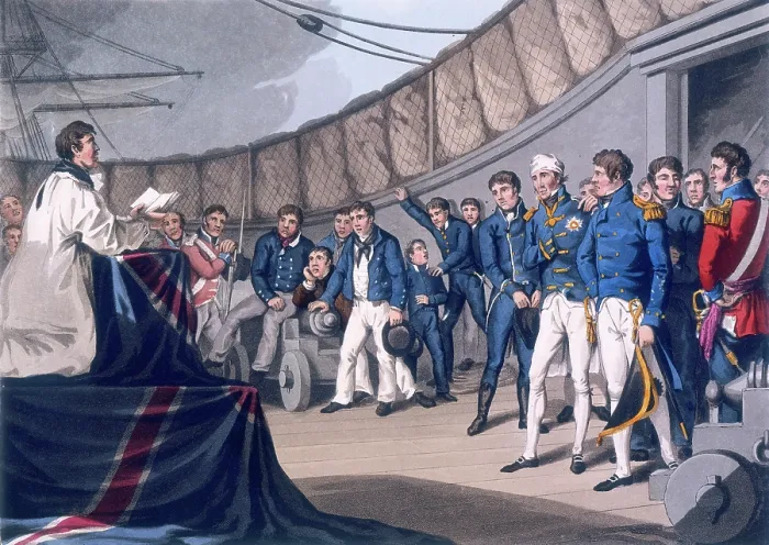 Framed Print : Sailors at prayers on board Lord Nelson's ship, after the Battle of the Nile, 1819 Framed Print : Sailors at prayers on board Lord Nelson's ship, after the Battle of the Nile, 1819