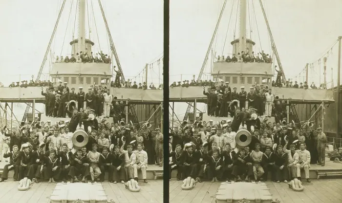 Framed Print : Sailors, probably American, and some civilians posed on a cruiser berthed in New York(?), c1905. Creator: Underwood & Underwood. Sailors, probably American, and some civilians posed on a cruiser berthed in New York(?), c1905 Framed Print : Sailors, probably American, and some civilians posed on a cruiser berthed in New York(?), c1905. Creator: Underwood & Underwood. Sailors, probably American, and some civilians posed on a cruiser berthed in New York(?), c1905