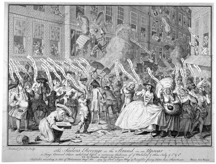 Framed Print : The sailors revenge, or the Strand in an uproar... 1749. Artist: LP Boitard Framed Print : The sailors revenge, or the Strand in an uproar... 1749. Artist: LP Boitard
