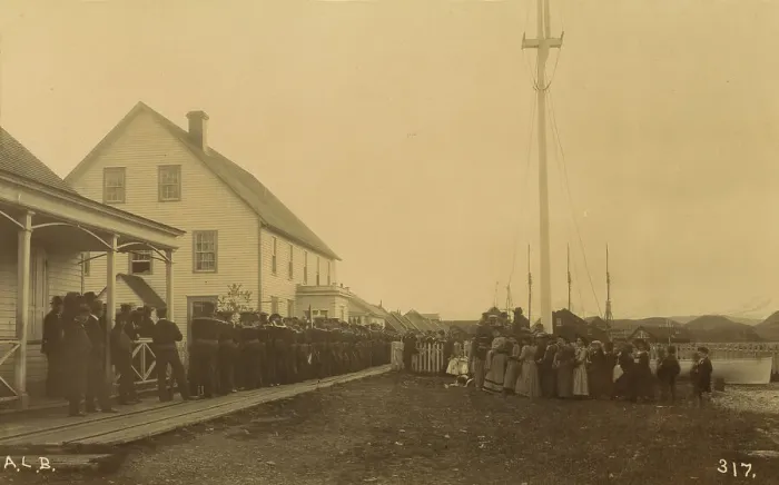 Framed Print : Sailors standing in line on boardwalk with a group of local women and men standing... 1894 or 1895. Creator: Alfred Lee Broadbent Framed Print : Sailors standing in line on boardwalk with a group of local women and men standing... 1894 or 1895. Creator: Alfred Lee Broadbent