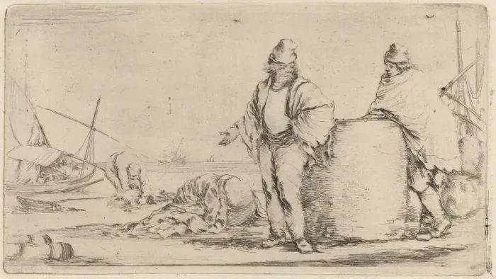 Framed Print : Two Sailors Standing near a Large Bale of Merchandise. Creator: Stefano della Bella